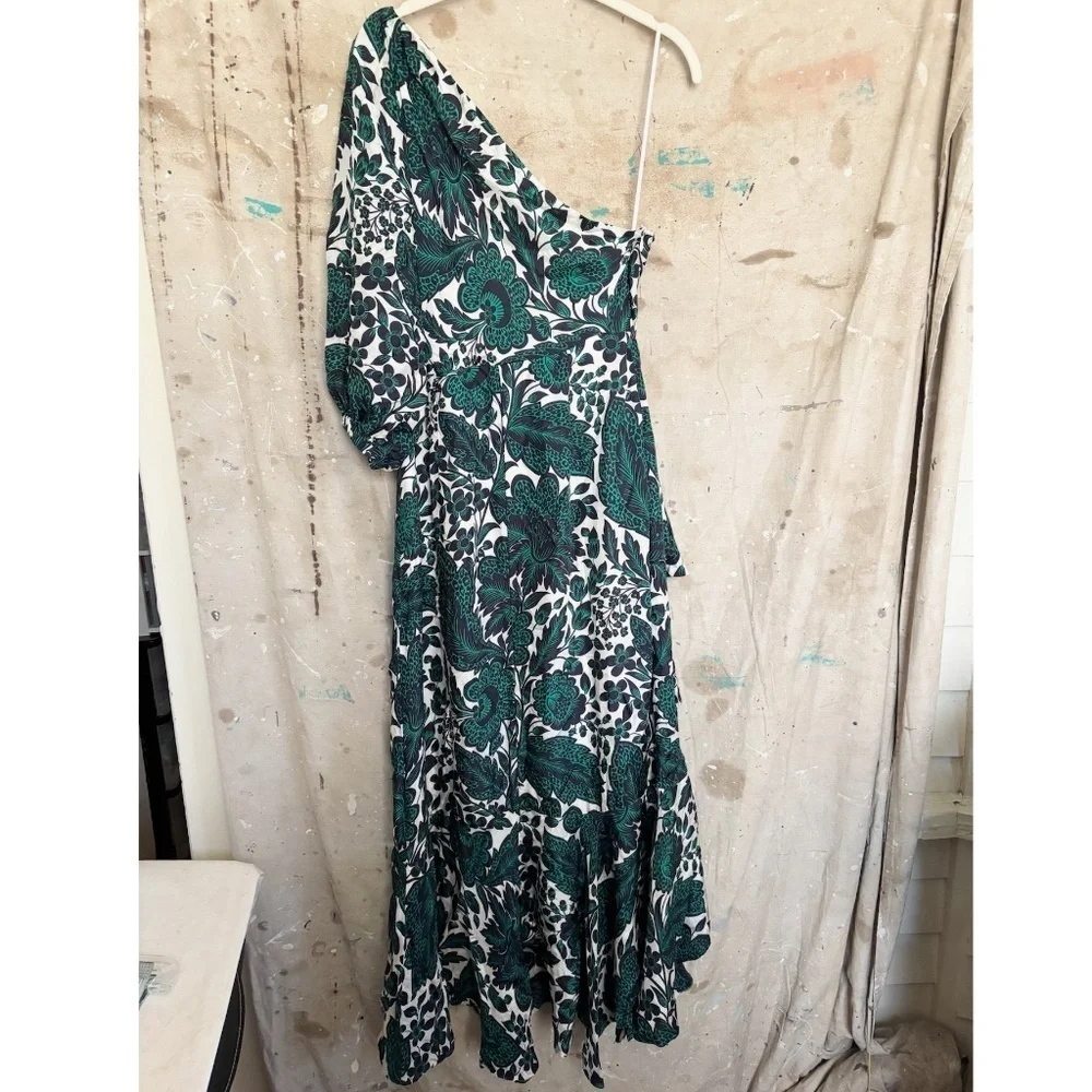 J Crew Collection One-Shoulder Ruffle-Hem Dress in Emerald Floral